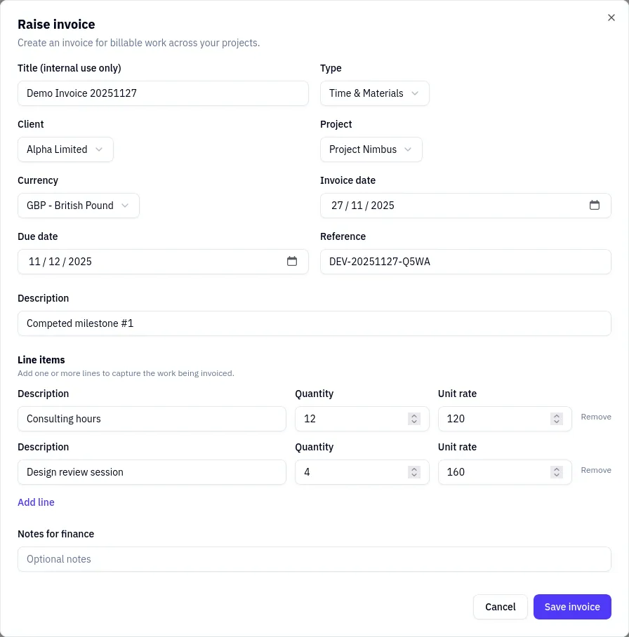Invoice dialog view
