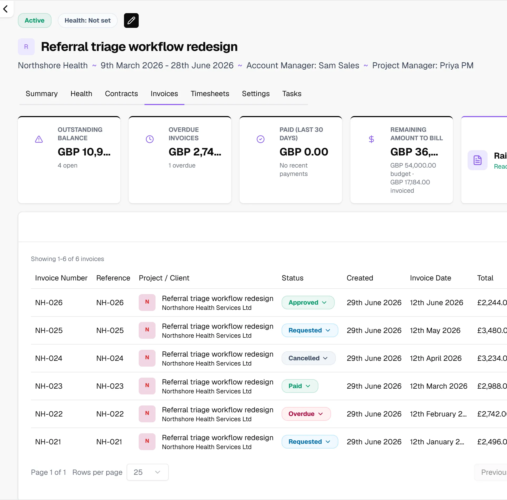 Project invoices view
